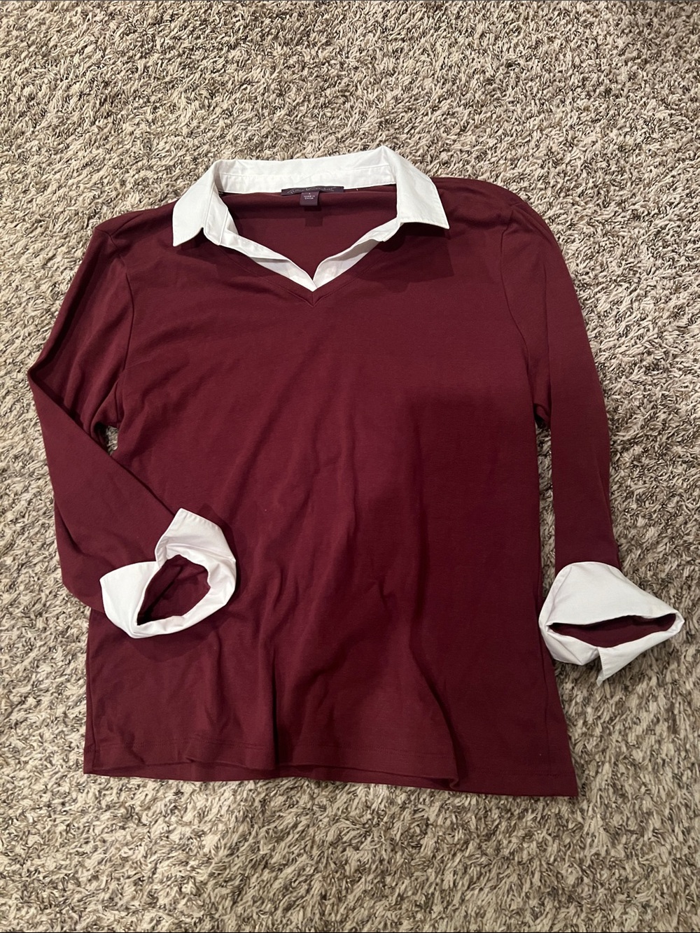 Gloria Vanderbilt Burgundy V-Neck Polo with White Collar & Cuffs